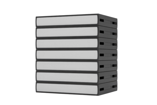 Seven black rectangular objects with white front panels are stacked vertically, resembling cartridges or light bars, against a transparent background. background removed