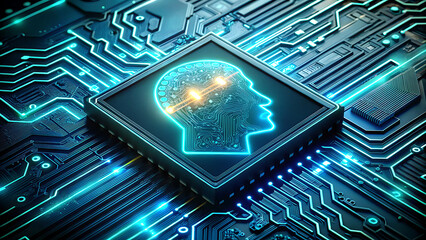 Artificial intelligence concept with a glowing human head on a circuit board representing machine learning and advanced technology for future innovation