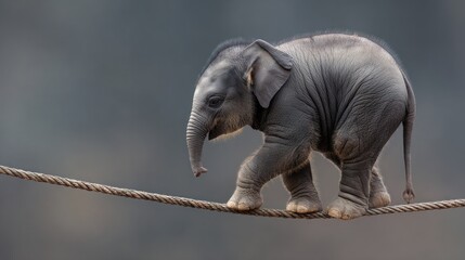 Baby elephant walking on rope balancing act transparent background