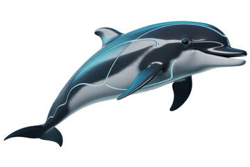 Fototapeta premium A sleek, digitally rendered dolphin with glowing blue lines, showcasing futuristic design and aquatic elegance against a dark green backdrop. background removed