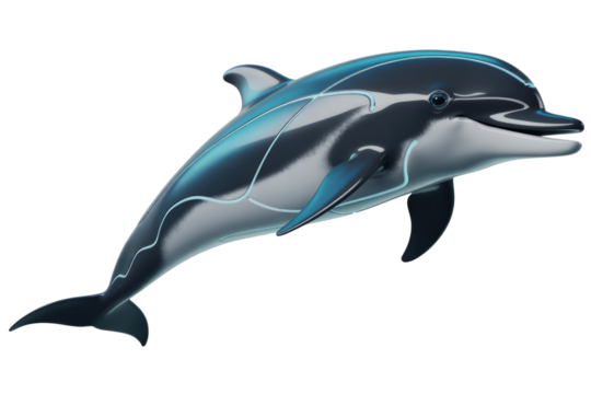 A sleek, digitally rendered dolphin with glowing blue lines, showcasing futuristic design and aquatic elegance against a dark green backdrop. background removed - Powered by Adobe