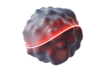 Abstract 3D dark organic form, encircled by a bright red glowing neon band against a solid transparent background. background removed