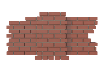 A digitally rendered section of a red brick wall with grey mortar, featuring uneven edges and a solid transparent background. background removed