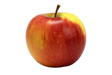 A fresh, vibrant red and yellow apple with a brown stem, perfectly ripe and isolated against a dark transparent background. background removed