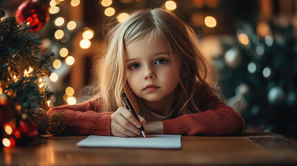 Little girl writing letter to Santa Claus at cozy desk, warm light, Christmas decorations, focused expression