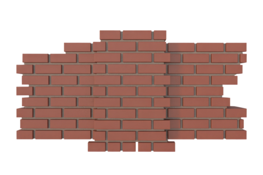 A digitally rendered section of a red brick wall with grey mortar, featuring uneven edges and a solid transparent background. background removed