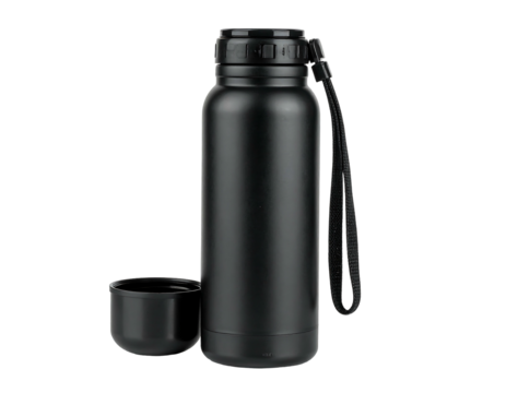 Black matte metal water bottle with lid off. Modern, minimalist design against a dark background