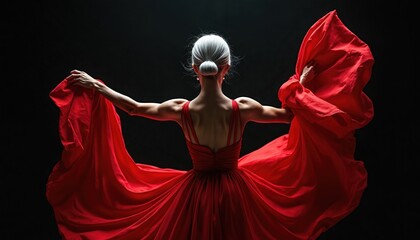 Senior ballerina performs with flowing red gown in dramatic studio lighting. Dancer embodies grace and fluidity during captivating dance movement. Intense backlighting highlights fabrics dynamic flow.
