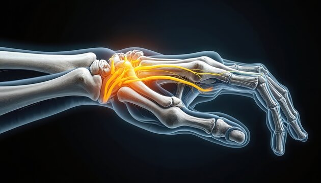 Medical illustration shows carpal tunnel syndrome. Human hand bone structure visualized with nerves. Anatomy diagram wrist pain condition. Healthcare concept for medical education publications.