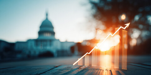 A graph showing upward growth is superimposed on a blurred image of a government building, symbolizing economic progress or financial success.