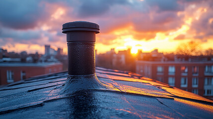 Black vent pipe on a building rooftop during sunset Generative AI