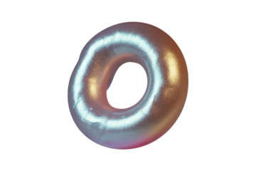 A shimmering, iridescent metallic torus object featuring a captivating gradient of blue-silver to warm gold hues, with a slightly textured surface. background removed