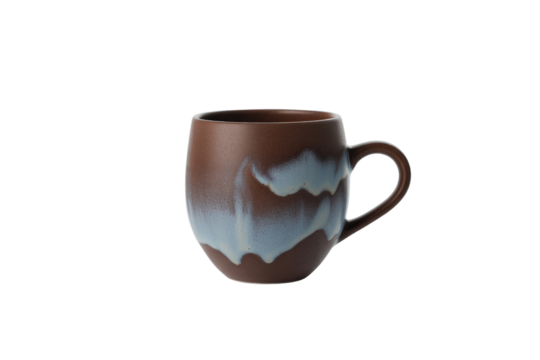 A stylish ceramic mug featuring a dark brown base with an artistic light blue reactive glaze drip pattern, ideal for coffee or tea. background removed