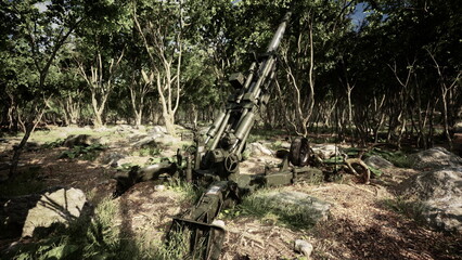 A large artillery piece sits in a natural forest, surrounded by trees and rocks. The scene captures the contrast of military machinery with the calmness of nature during dusk.