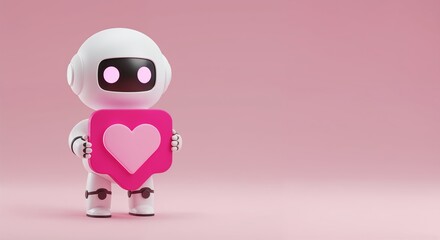 Cute white bot holding a big pink heart icon on a pink background