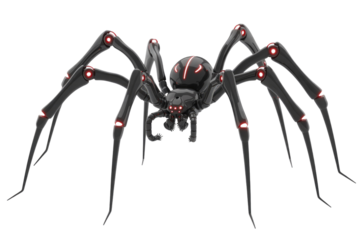 A futuristic, black robotic spider with glowing red eyes and joint lights, showcasing a sleek, menacing design. Digital render. background removed