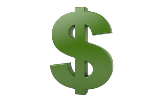 A vibrant 3D green dollar sign prominently displayed on a complementary transparent background, symbolizing finance, wealth, and economic prosperity. background removed