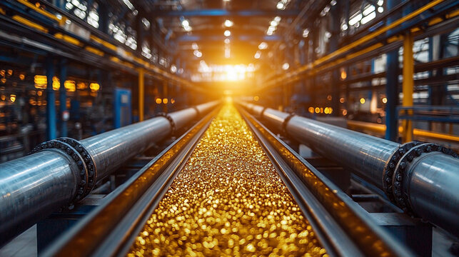 Gold ore refinery with conveyor belts processing materials Generative AI