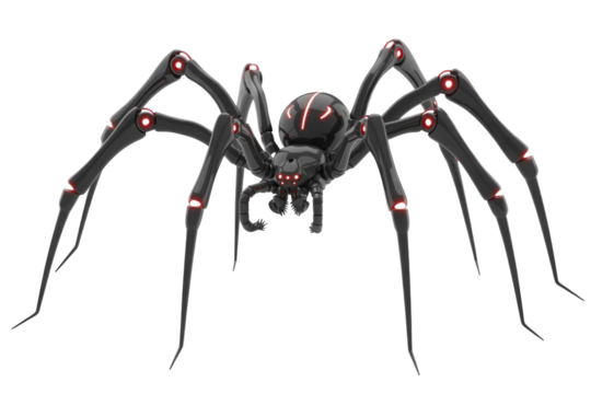 A futuristic, black robotic spider with glowing red eyes and joint lights, showcasing a sleek, menacing design. Digital render. background removed
