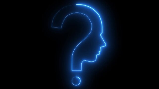 Glowing neon line Human head with question mark icon on black background. Neon glowing question mark with man head icon.