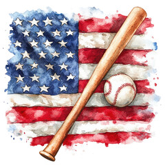Watercolor Illustration of an American Flag with a Baseball and Bat on a Standard Scale