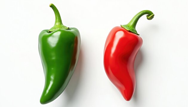 Close up studio shot presents green jalapeno next to red chili. Vivid hot peppers isolated on white table. Spicy cooking paprika ingredient. Food stylist concept. Farm harvest. - Powered by Adobe