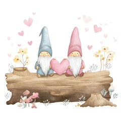 Charming Gnomes Sitting on Log, Each Holding a Heart, Surrounded by Flowers and Hearts in a Whimsical Scene