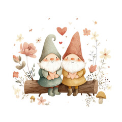 Whimsical Gnomes Sitting on a Log, Each Holding a Heart Surrounded by Flowers in a Charming Playful Scene