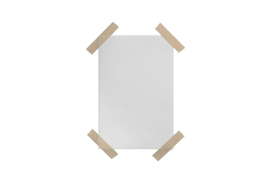 A blank white rectangular paper sheet taped with beige masking tape on all four corners against a solid dark transparent background. background removed