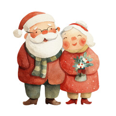 Cute Watercolor Santa and Mrs. Claus Embracing with Holiday Cheer in Festive Christmas Scene for Clipart Use
