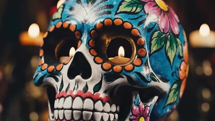 a brightly painted ceramic sugar skull with two small candles burning in the eye sockets, traditional and colorful symbol of the Day of the Dead celebration, focus on eyes and teeth
