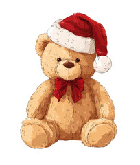 Cute Teddy Bear Wearing Santa Hat and Red Bow with a Festive Clipart Design for Holiday Celebrations