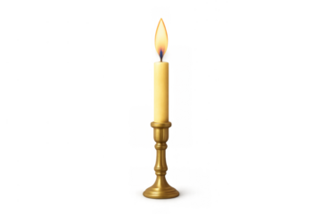 Candle with burning flame in a golden candlestick providing light and ambiance, isolated on transparent background