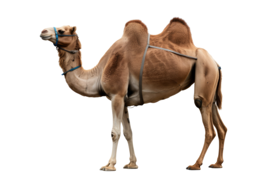 A two-humped brown Bactrian camel with a blue halter and body straps stands sideways, isolated on a solid transparent background. background removed