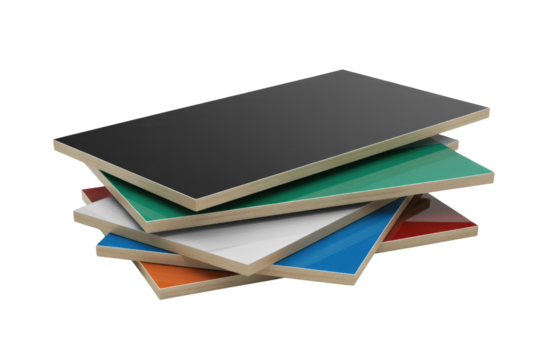 A stack of colorful, glossy laminate panels with natural wood edges, featuring black, green, white, blue, red, and orange surfaces. background removed