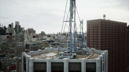 A stunning rooftop view captures a tall antenna atop a modern building, with a sprawling city skyline in the background as dusk approaches, lights beginning to twinkle.
