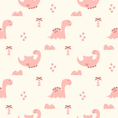 Dinosaur pink cartoon so cute. On tree mountain footprint background. Pattern seamless vector illustration. 