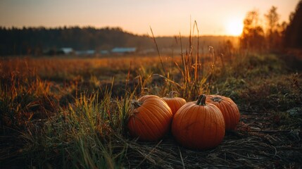 Pumpkins resting in field illuminated by warm sunrise light