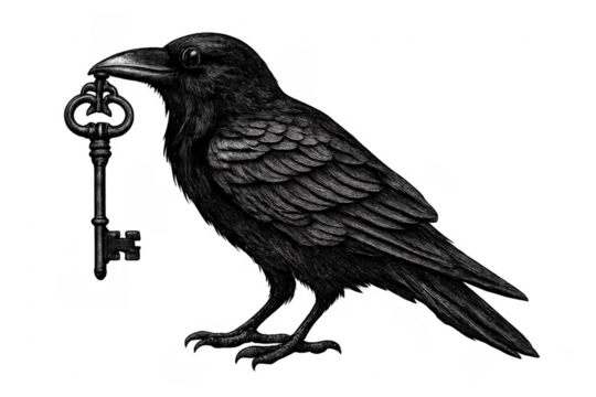 Raven holding vintage key unlocking secret mystery - Powered by Adobe