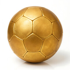 A shiny golden soccer ball with pentagonal and hexagonal panels on a white background in a studio shot