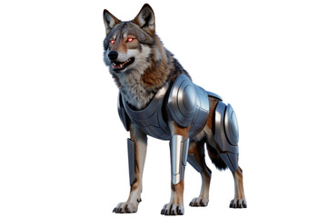 A formidable wolf stands encased in futuristic silver armor, its piercing red eyes glowing intensely, embodying a powerful cybernetic protector. background removed