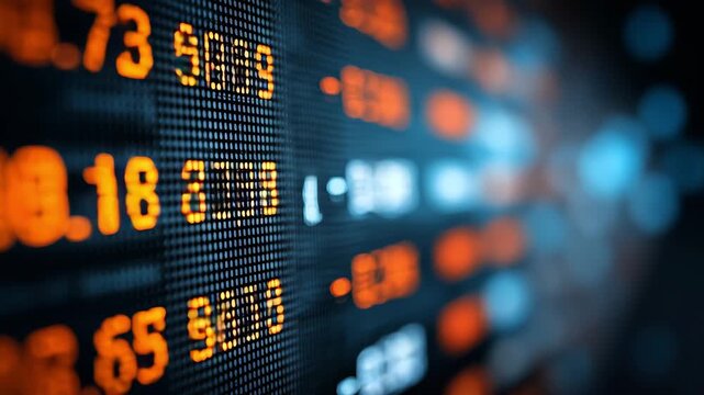 Close up of a digital stock market ticker display with glowing orange and blue numbers indicating financial data and trading activity. - Powered by Adobe