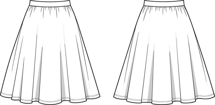 Flared skirt fashion illustration, technical flat sketch, circle skirt design, paneled skirt construction, apparel template, garment sewing reference, clothing pattern outline