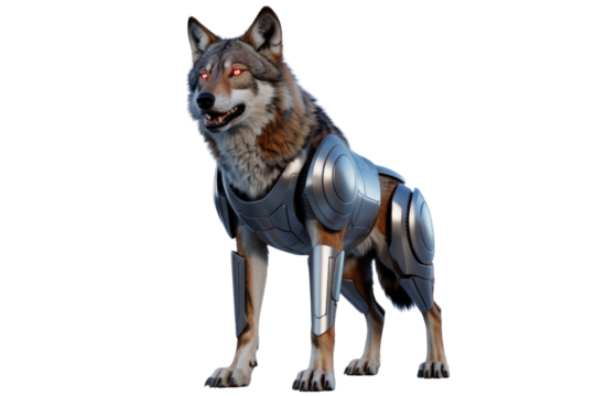 A formidable wolf stands encased in futuristic silver armor, its piercing red eyes glowing intensely, embodying a powerful cybernetic protector. background removed