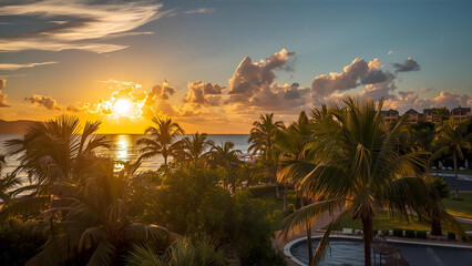 Tropical resort located by the beach with a sunset view