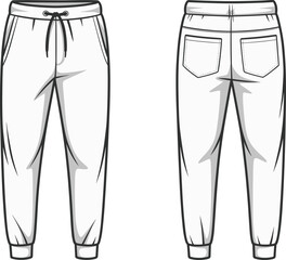 Jogger sweatpants illustration, men’s fashion sketch, front and back view, casual trousers design, elastic waistband detail, garment template, clothing mockup, stylish streetwear pants, 