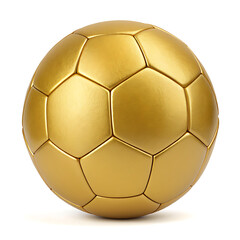 A golden soccer ball with hexagonal and pentagonal panels isolated on a white background in studio shot
