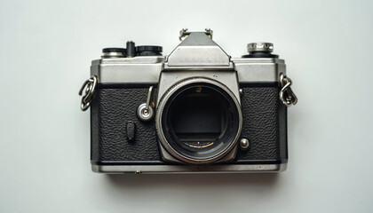 Vintage camera flatlay on white. Classic 35mm film slr camera. Silver retro style photography device. Concept of technology evolution. Old photo camera for art or design project. Silver, black colors.