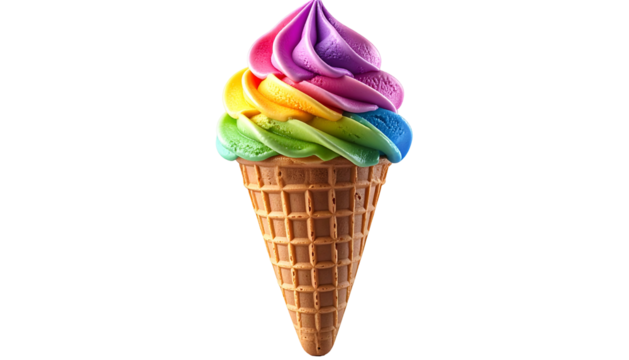 Colorful swirled ice cream, rainbow shades on a waffle cone, isolated on black background