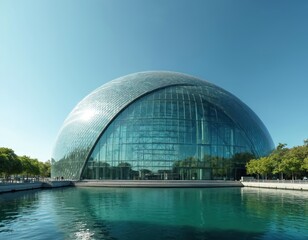 Fototapeta premium Large glass dome architecture near waterfront. Modern building reflects in water. Sunny day sky backdrop. Contemporary structure presents innovative design. City landmark and urban scenery photo.